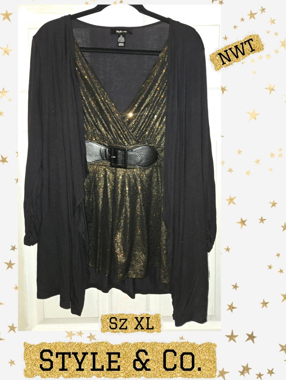 NWT Style & Co. Black W/ Gold Glitter Wrap Top and Belt Sz XL